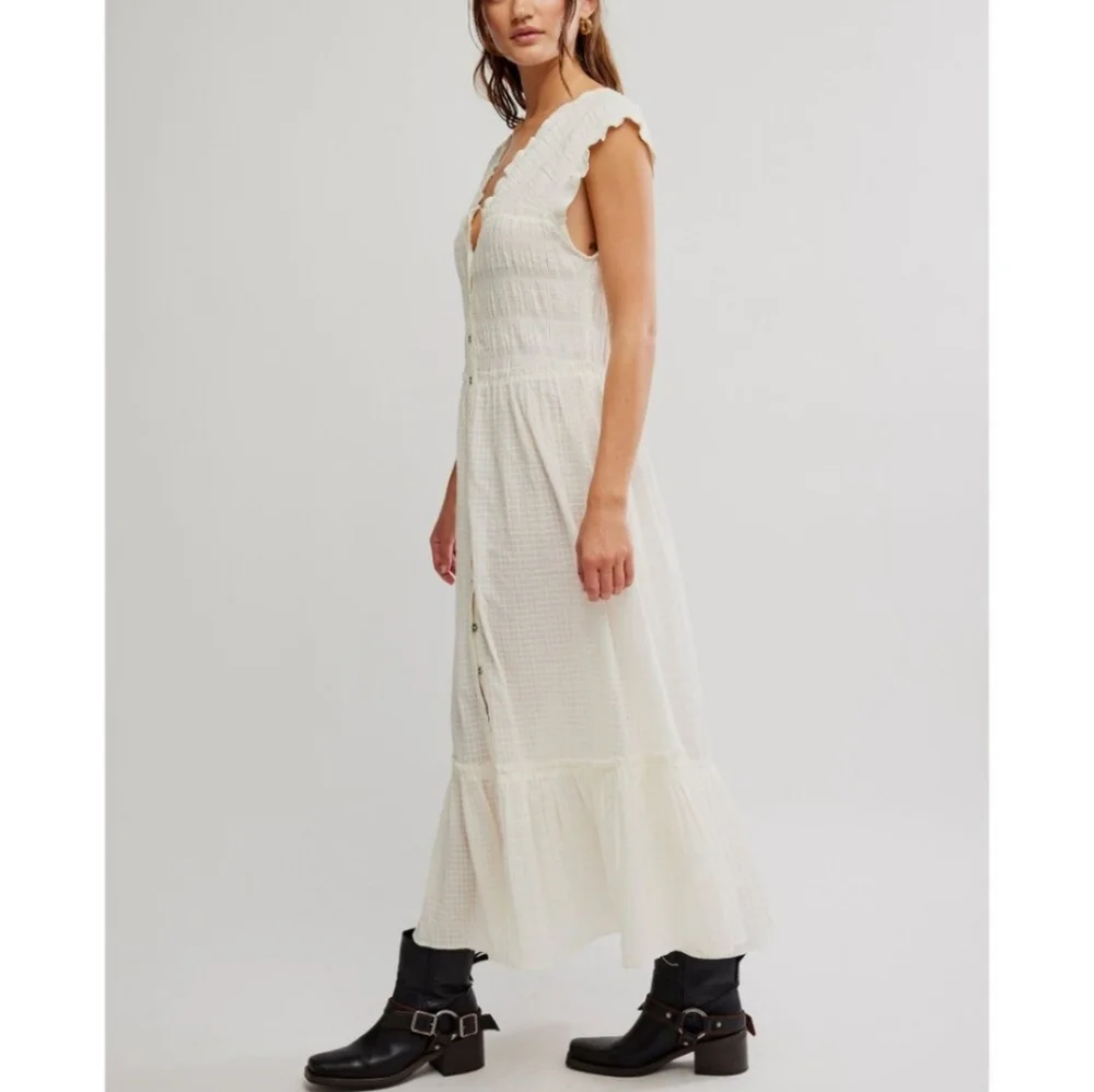 Free People Cream Button-Front Maxi Dress